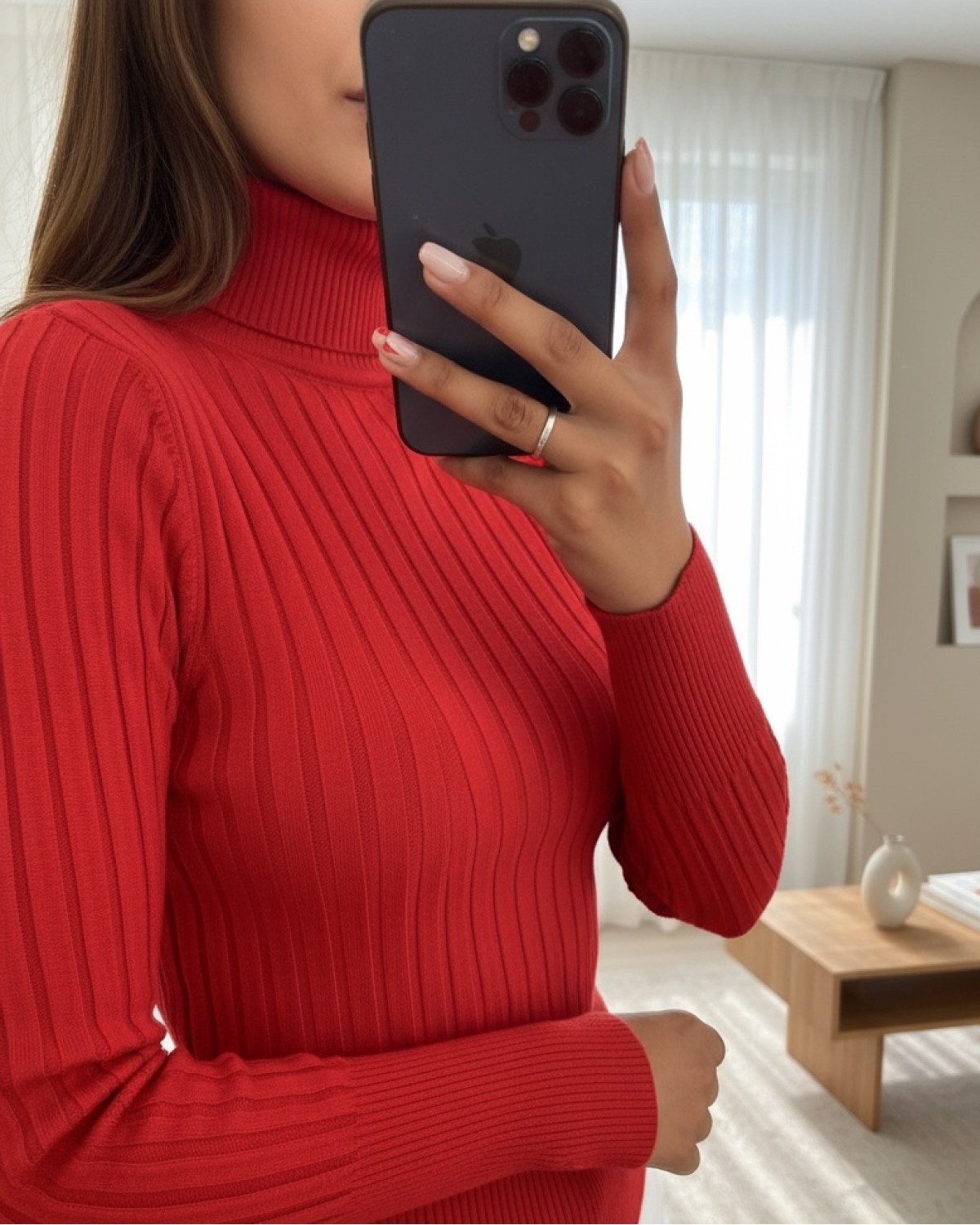 Moda Morfo Balıkçı Yaka Fitilli Triko Kazak -Kırmızı