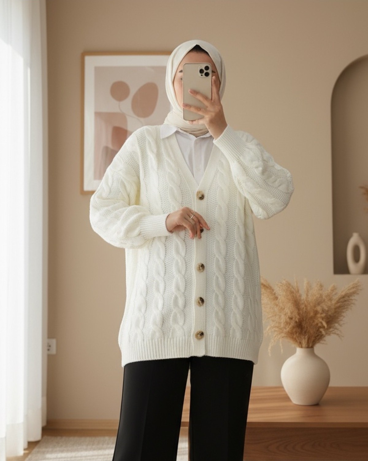 Moda Morfo Saç Örgülü Düğmeli Triko Hırka -Ekru görsel 2