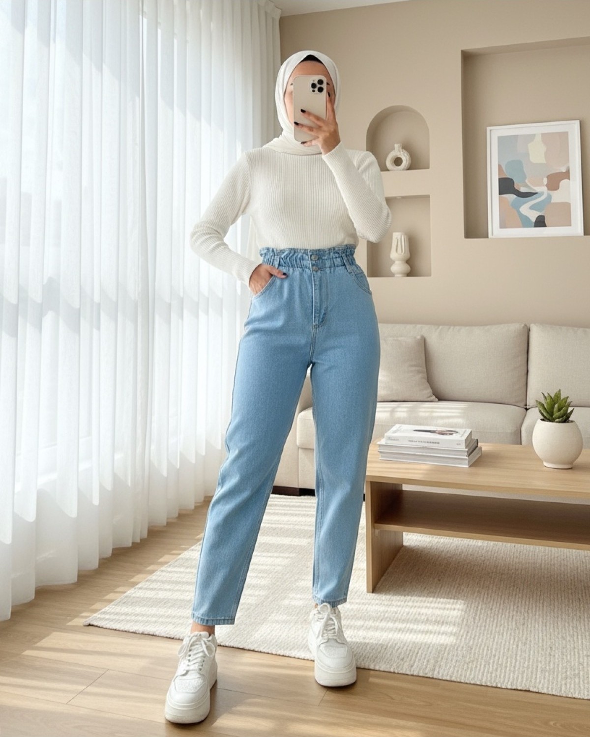 Moda Morfo Beli Lastikli Yüksek Bel Kot Pantolon -Gri