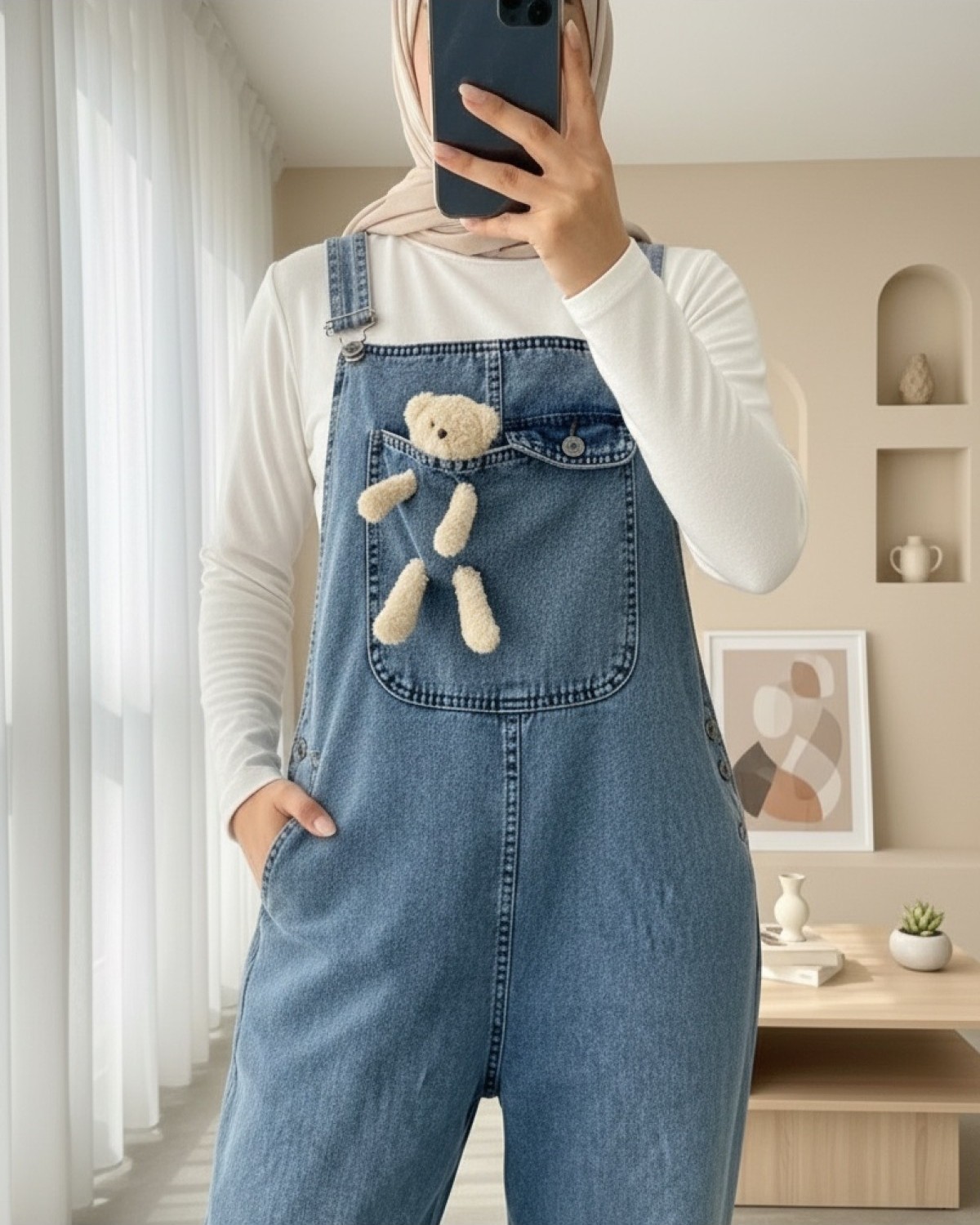 Moda Morfo Ayıcık Detaylı Askılı Yanları Düğmeli Kot Tulum -Buz Mavi