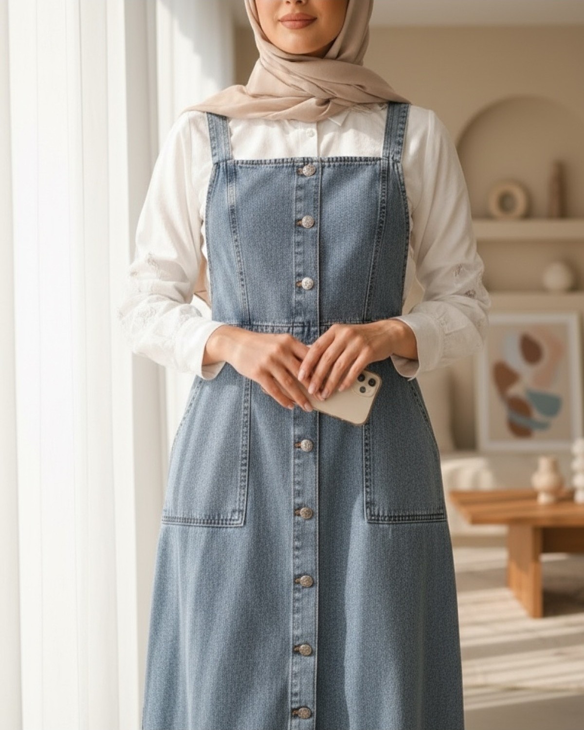 Moda Morfo Boydan Düğmeli Çift Cepli Kot Salopet -Buz Mavi görsel 8