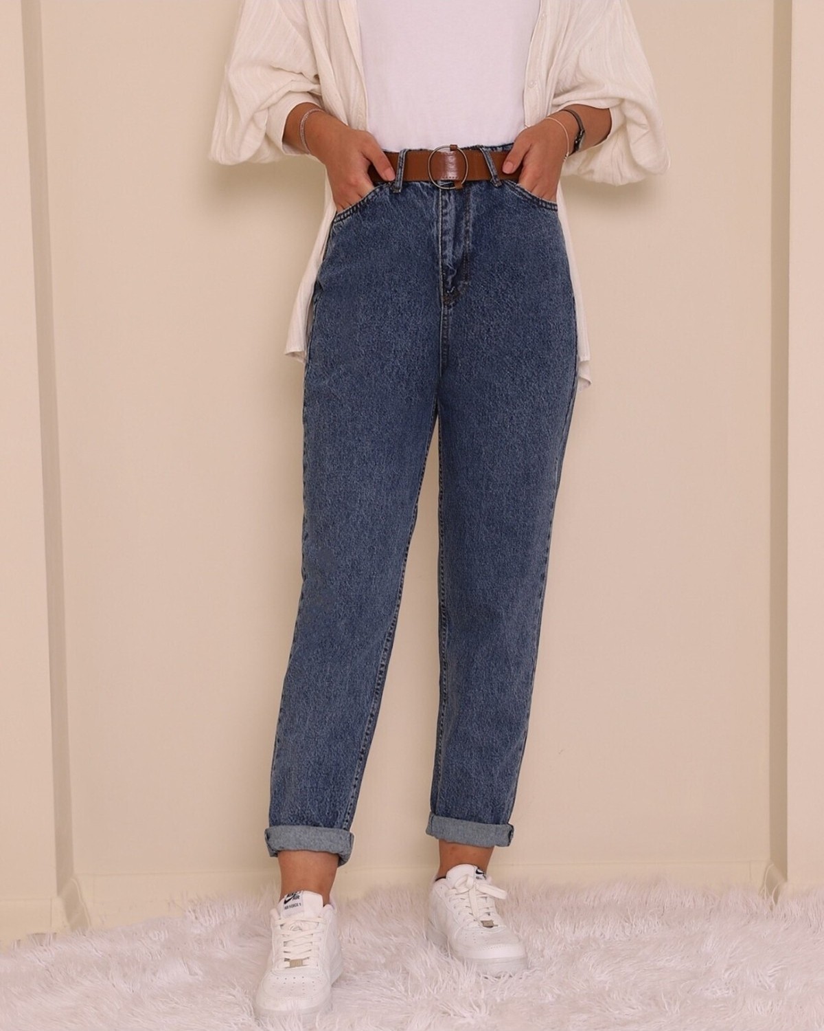 Moda Morfo Kemerli Kot Pantolon -Açık Mavi