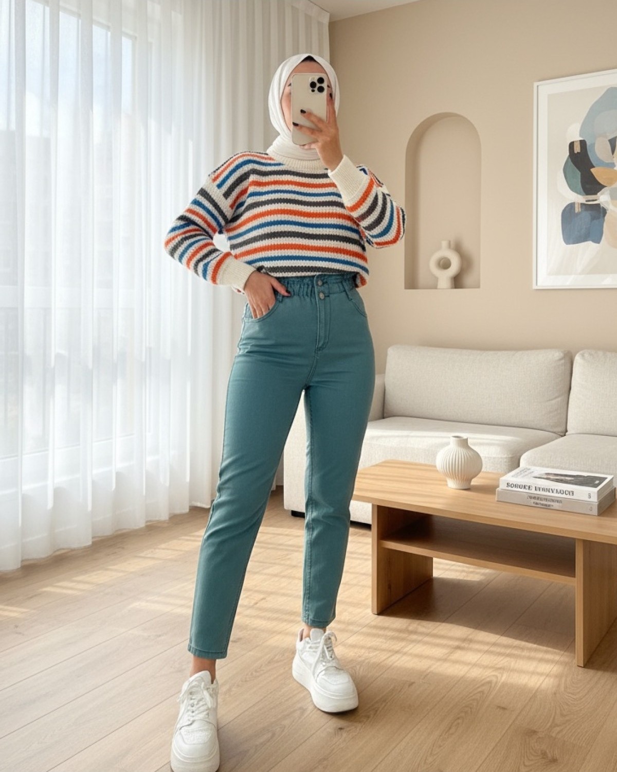 Moda Morfo Beli Lastikli Yüksek Bel Kot Pantolon -Gri