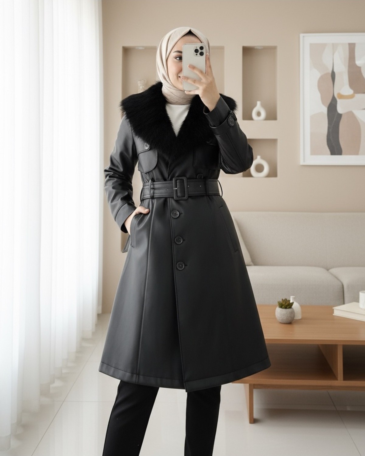 Moda Morfo Çıkma Kürklü Deri Mont -Siyah