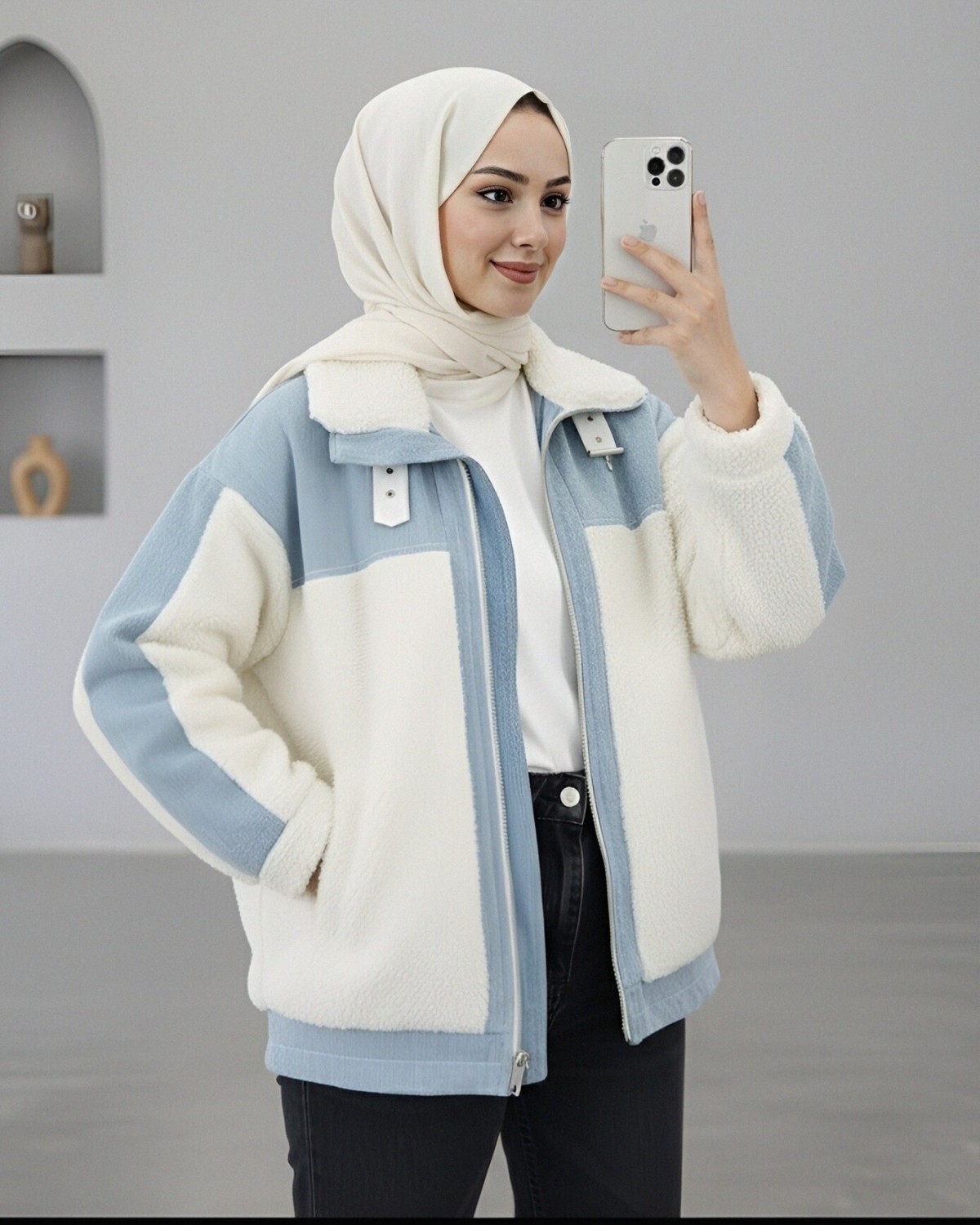 Moda Morfo Kot Detaylı Astarlı Cepli Peluş Mont -Beyaz