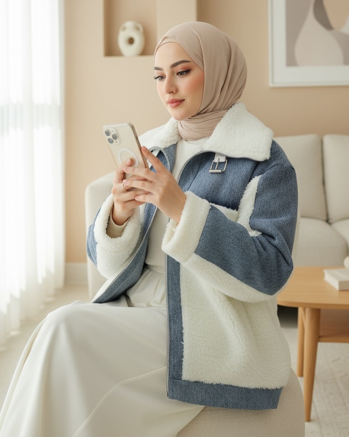 Moda Morfo Kot Detaylı Astarlı Cepli Peluş Mont -Beyaz görsel 3