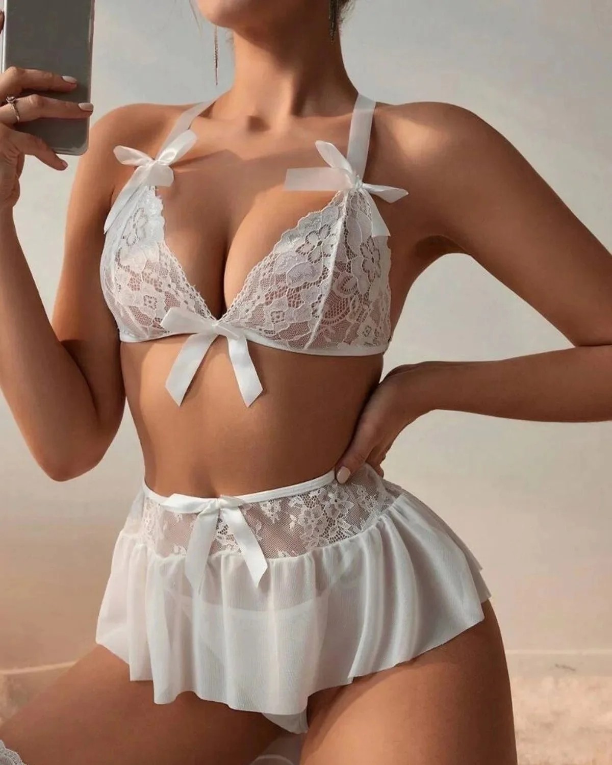 Melonika Secret Fantazi Beyaz Dantelli Fiyonklu Seksi Babydol BC9239 görsel 2