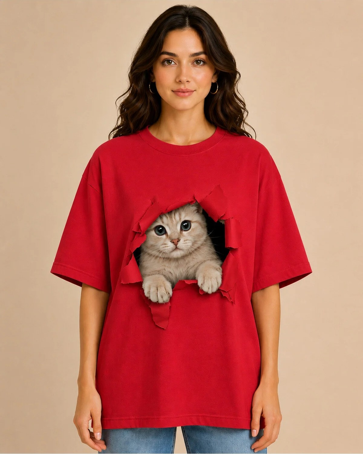 Enb1r Moda Kadın Kırmızı Oversize Kedi Baskılı Basic Tişört Yırtık Efektli Cute Cat görsel 6
