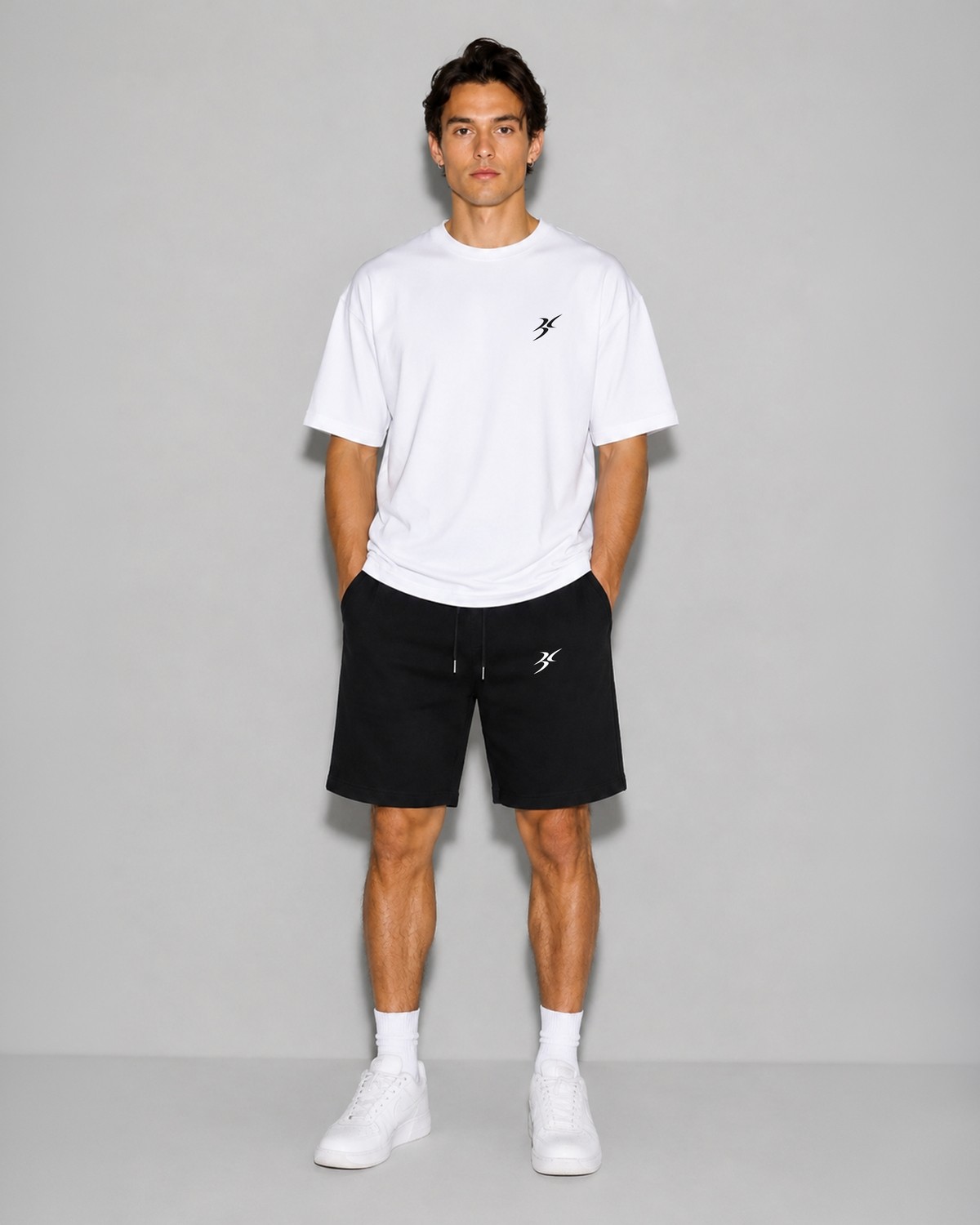 Backlain Mod Style Logo Erkek Oversize 2'li Takım Şort %100 Pamuk Rahat Kalıp
