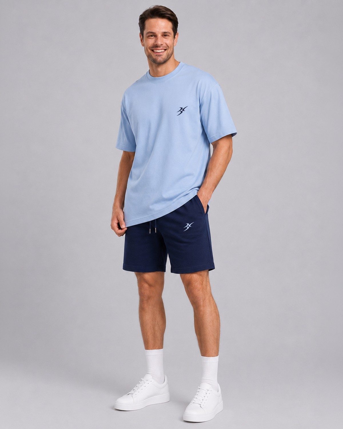 Backlain Mod Style Logo Erkek Oversize 2'li Takım Şort %100 Pamuk Rahat Kalıp