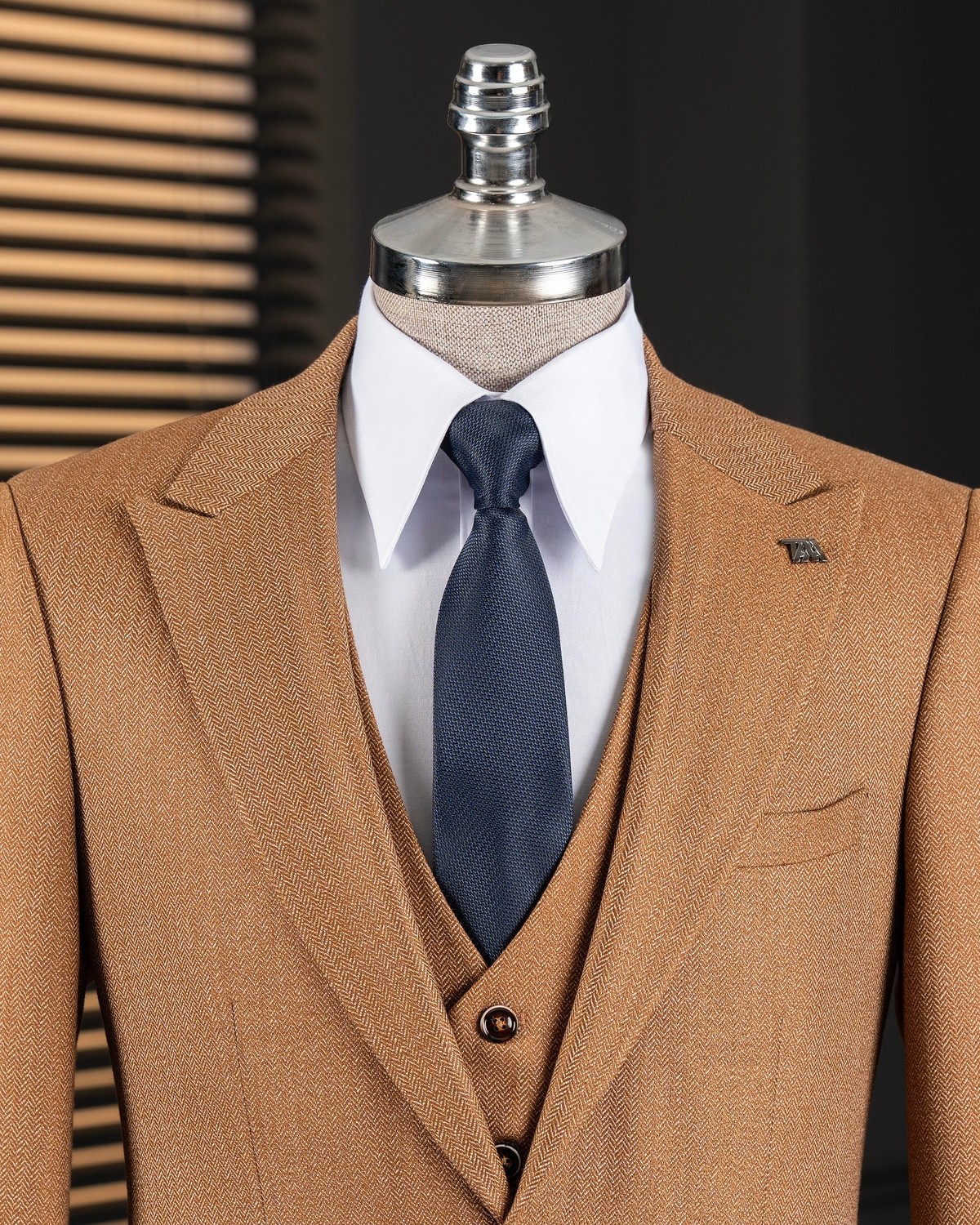 Italyan Stil Ceket Yelek Pantolon Takım Elbise Camel T12864