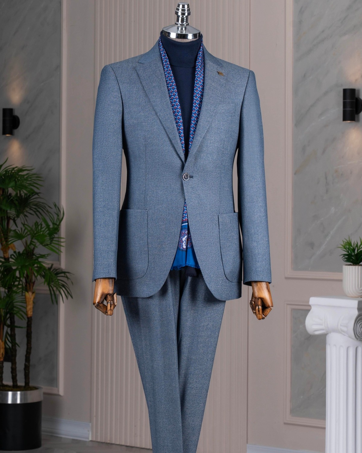 Italyan Stil Slim Fit Mono Yaka Ceket Pantolon Takım Elbise Lacivert T12584