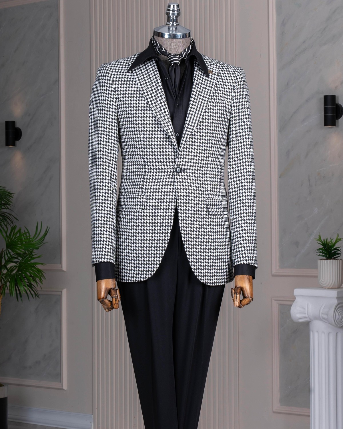 Italyan Stil Slim Fit Kazayağı Desen Kruvaze Erkek Ceket Siyah T13048