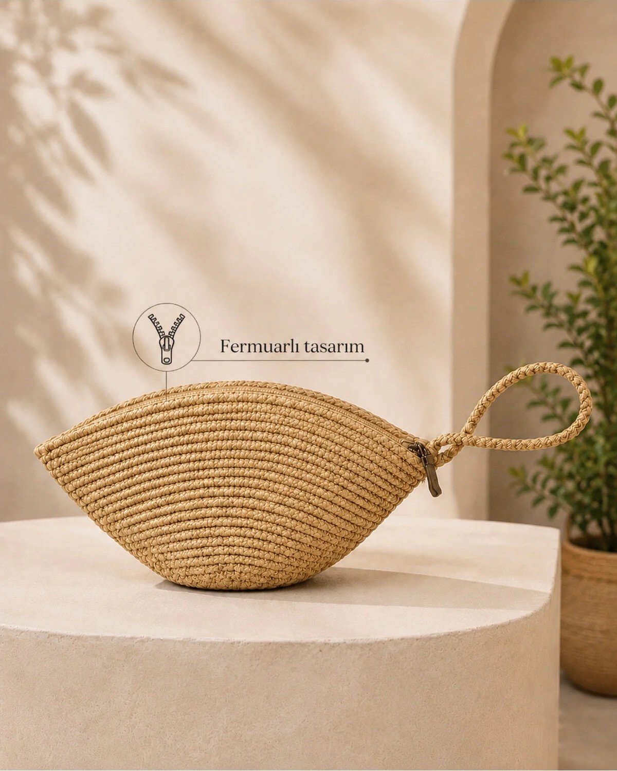 Naspar Hasır Jüt Ip Dikişli El Çantası Günlük Kullanım Kadın Portföy Clutch Çanta 30X15X15 cm | Fermuarlı, El Askılı görsel 2
