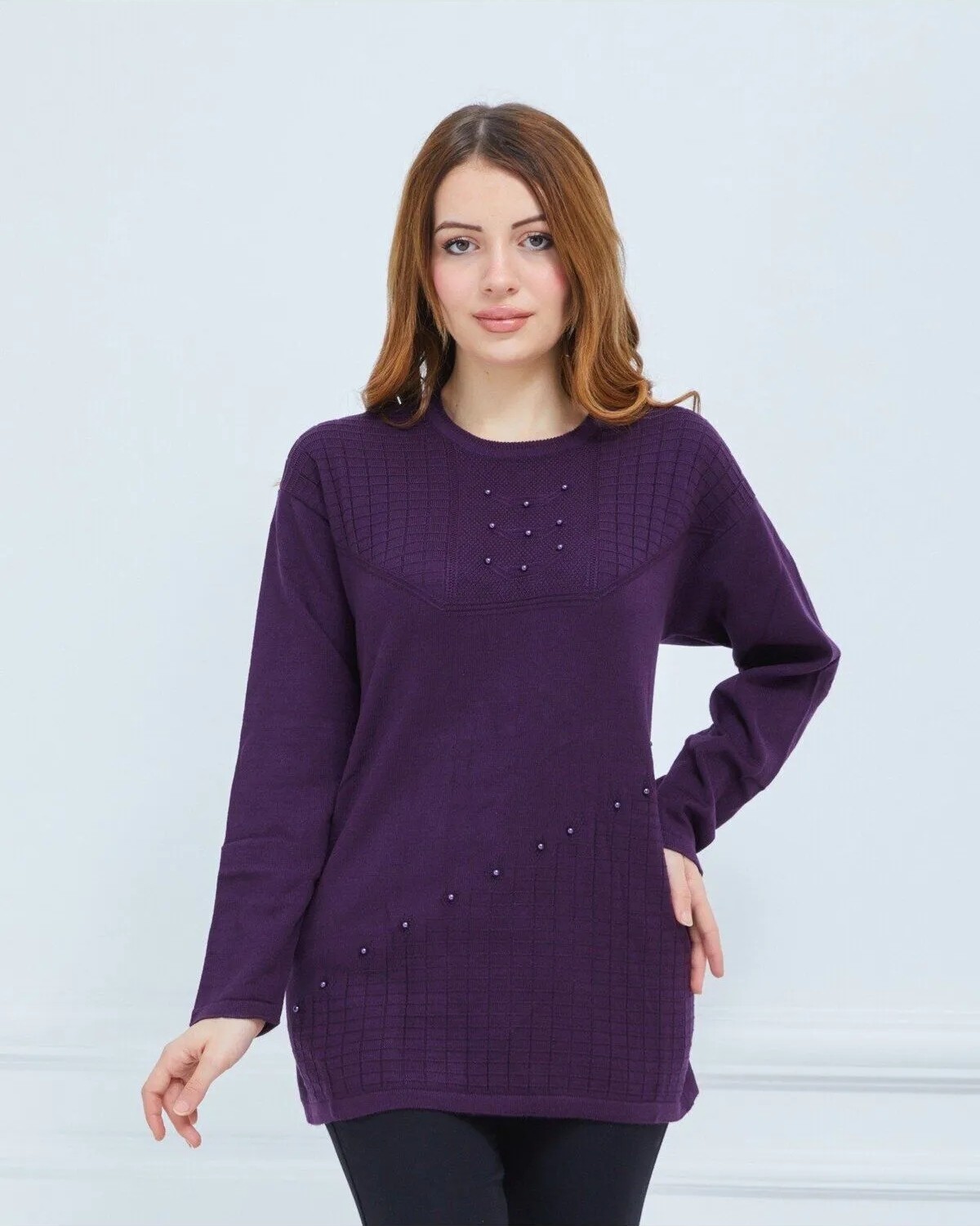 Fresh Moda Kadın Triko Kışlık Orta Yaş Günlük Anne Bluz Kazak görsel 6