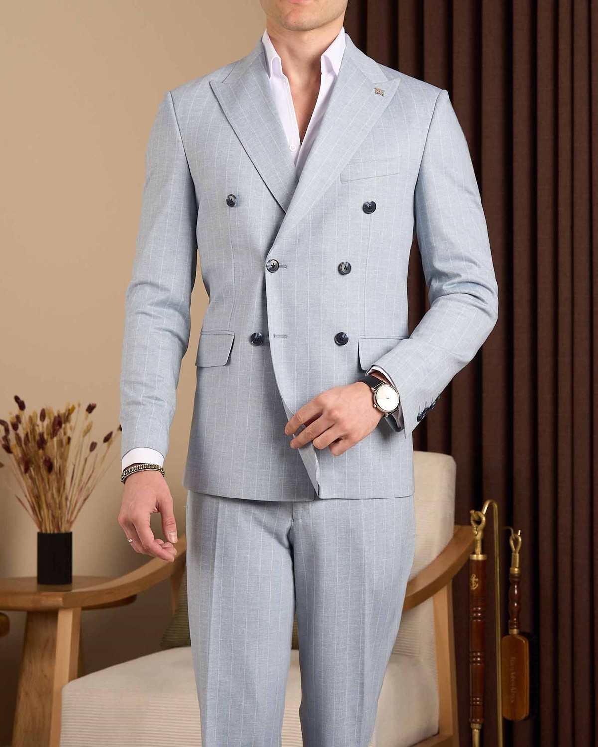 Slim Fit Erkek Kruvaze Sivri Yaka Çizgili Ceket Pantolon Takım Elbise Buz Mavi T20118-14
