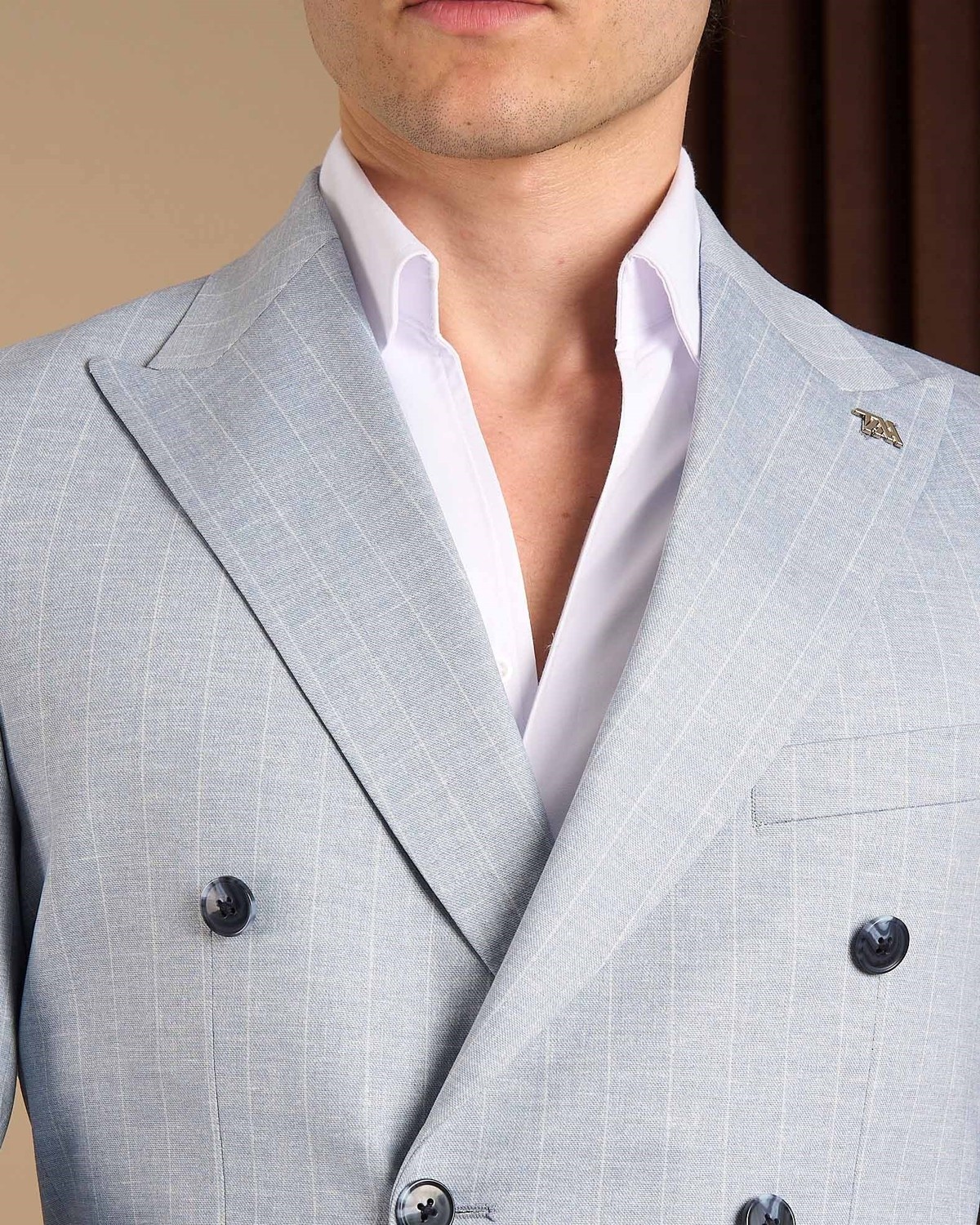Slim Fit Erkek Kruvaze Sivri Yaka Çizgili Ceket Pantolon Takım Elbise Buz Mavi T20118-14 görsel 2