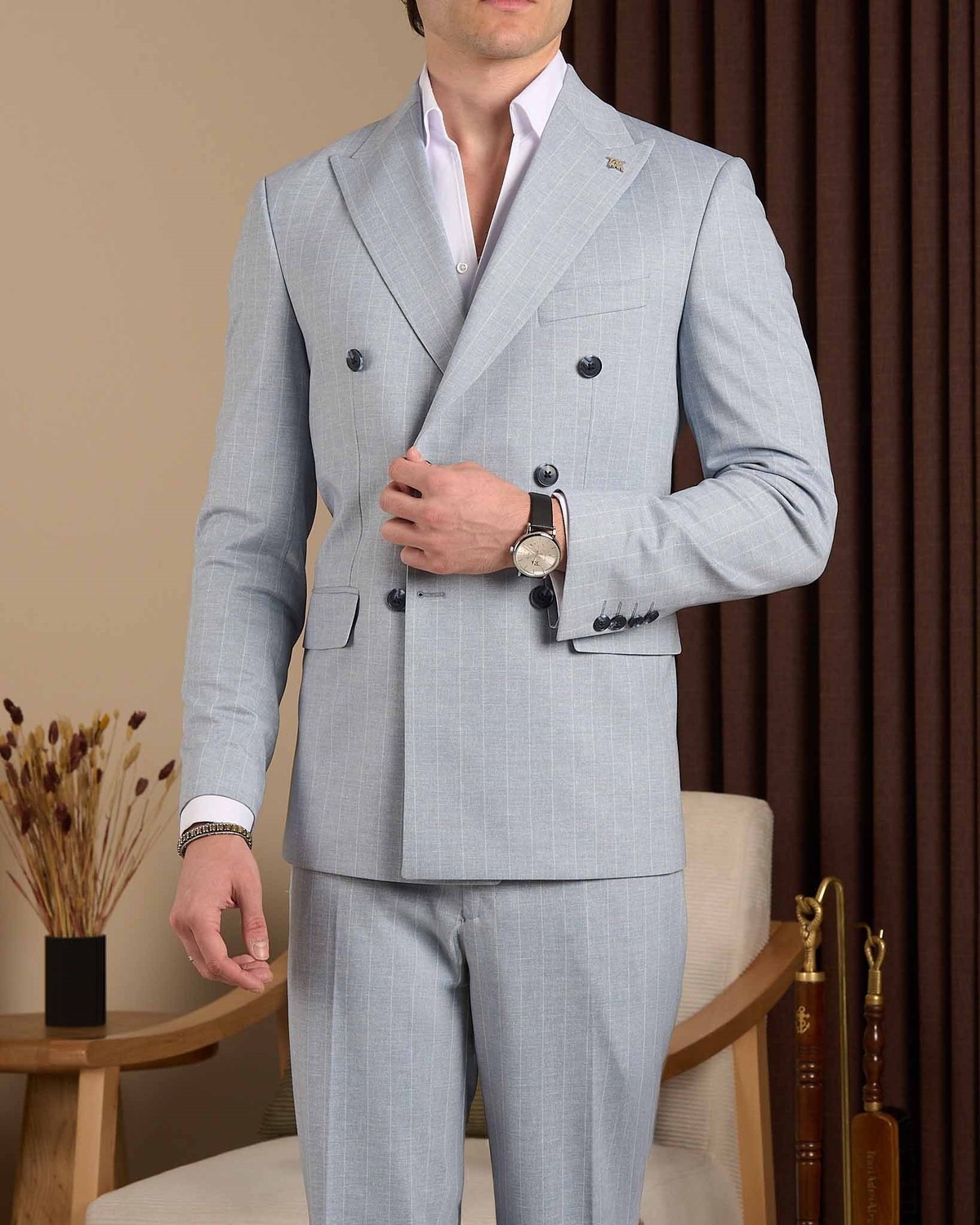 Slim Fit Erkek Kruvaze Sivri Yaka Çizgili Ceket Pantolon Takım Elbise Buz Mavi T20118-14 görsel 3