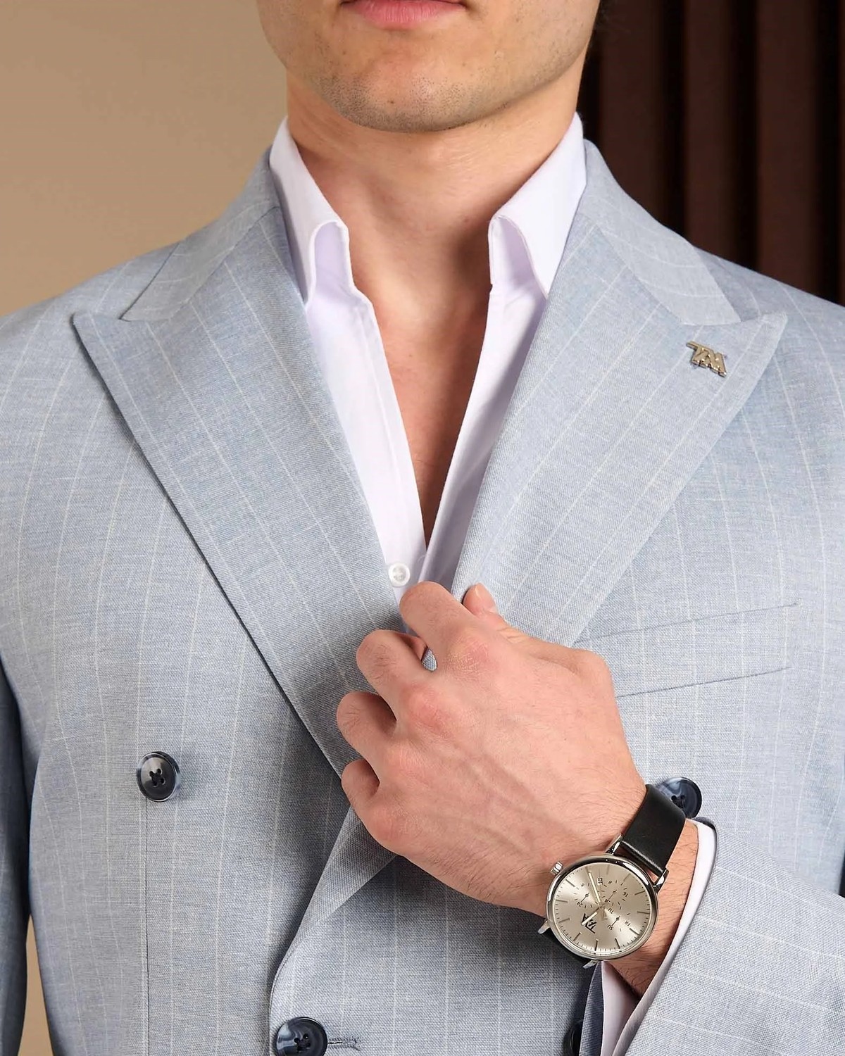 Slim Fit Erkek Kruvaze Sivri Yaka Çizgili Ceket Pantolon Takım Elbise Buz Mavi T20118-14 görsel 4