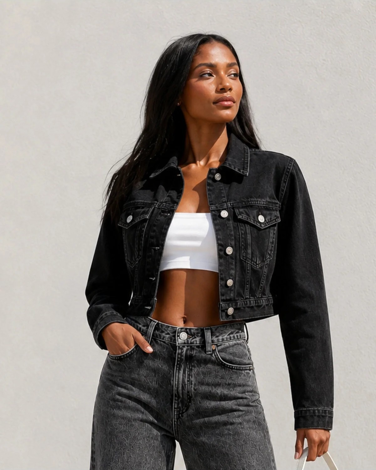 Shevega Siyah Kısa Modern Fit Boyfriend Denim Jean Crop Ceket