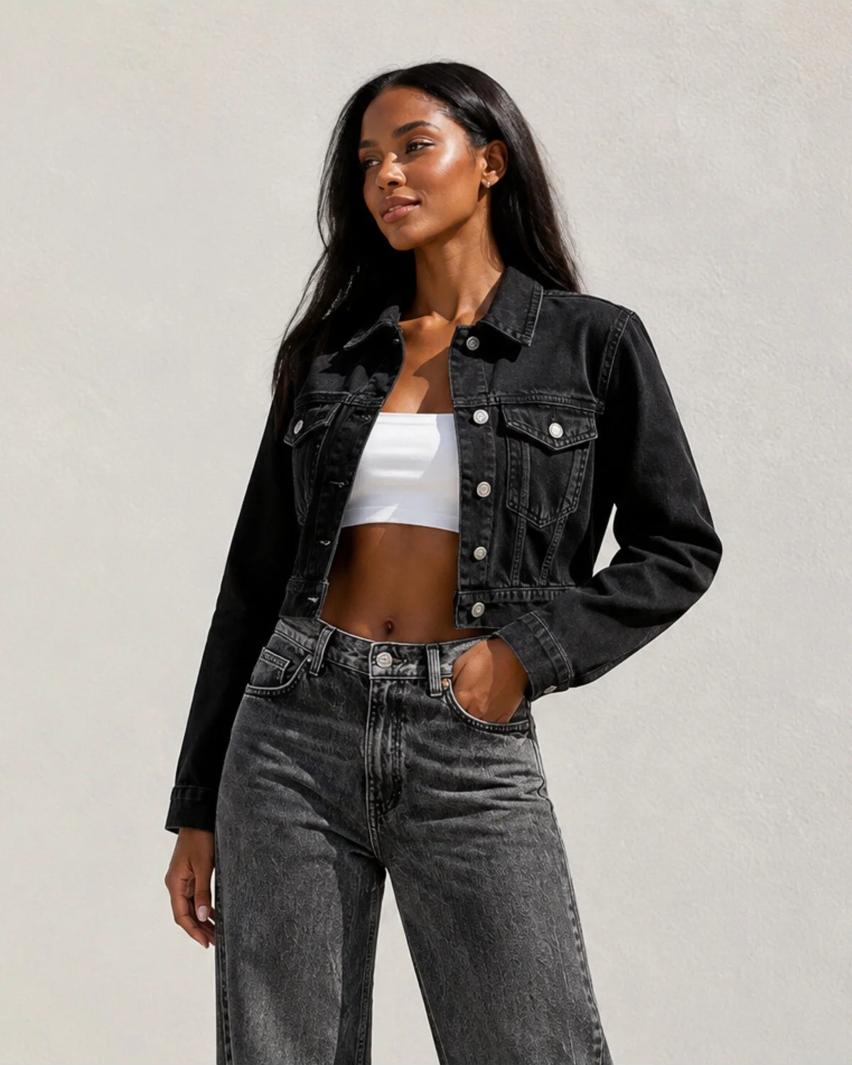 Shevega Siyah Kısa Modern Fit Boyfriend Denim Jean Crop Ceket görsel 2