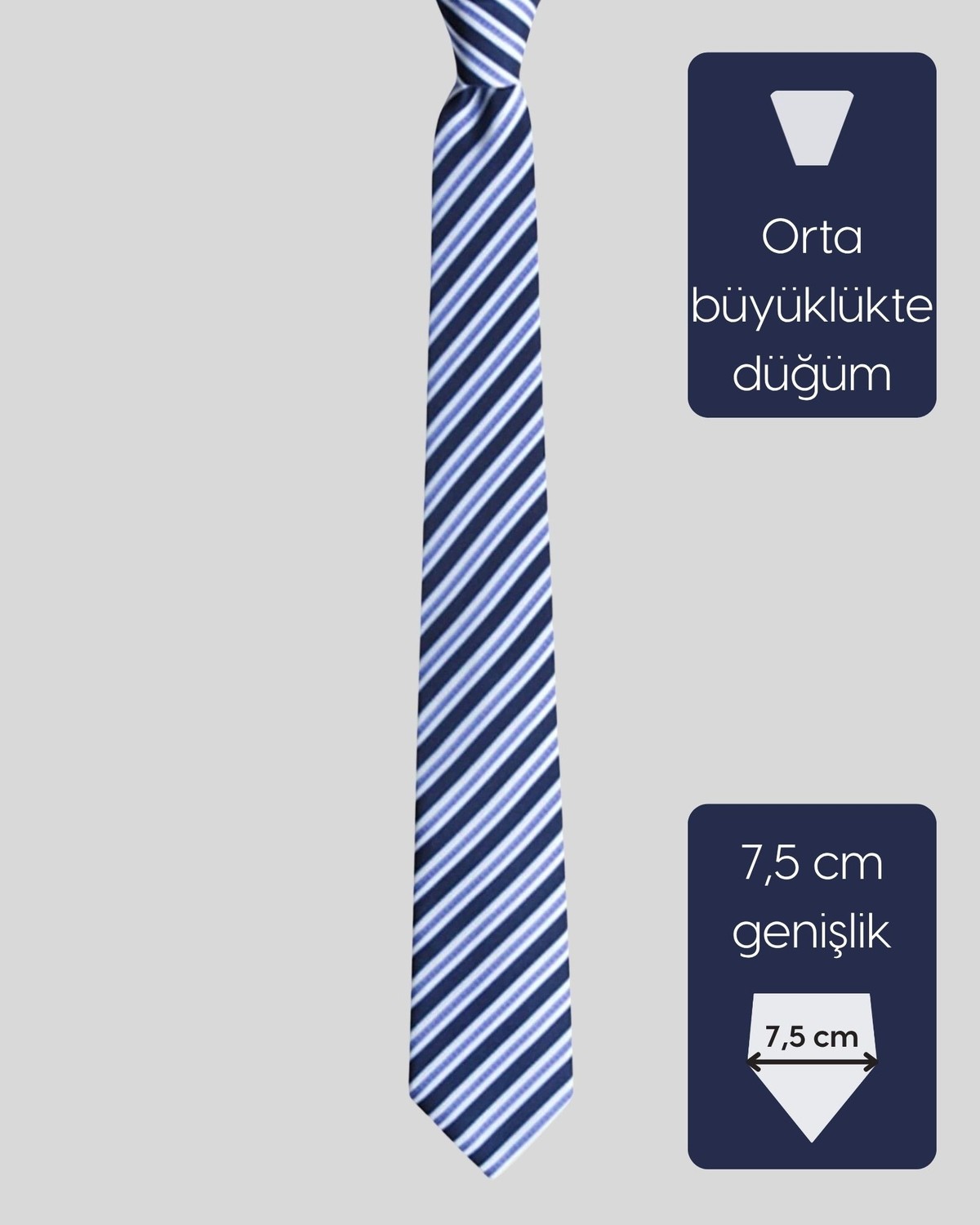 KUMOVO Lacivert Beyaz Çizgili Ipek Kravat, 7,5 cm Genişliğinde görsel 4