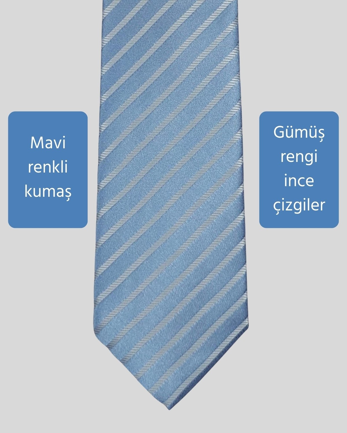 KUMOVO Gri Çizgili Açık Mavi Ince Kravat, 7 cm Genişliğinde görsel 2