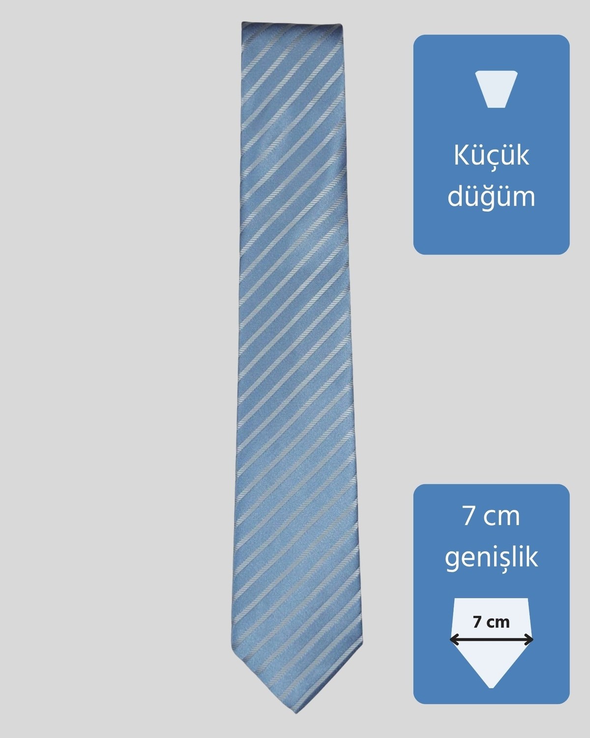 KUMOVO Gri Çizgili Açık Mavi Ince Kravat, 7 cm Genişliğinde görsel 4