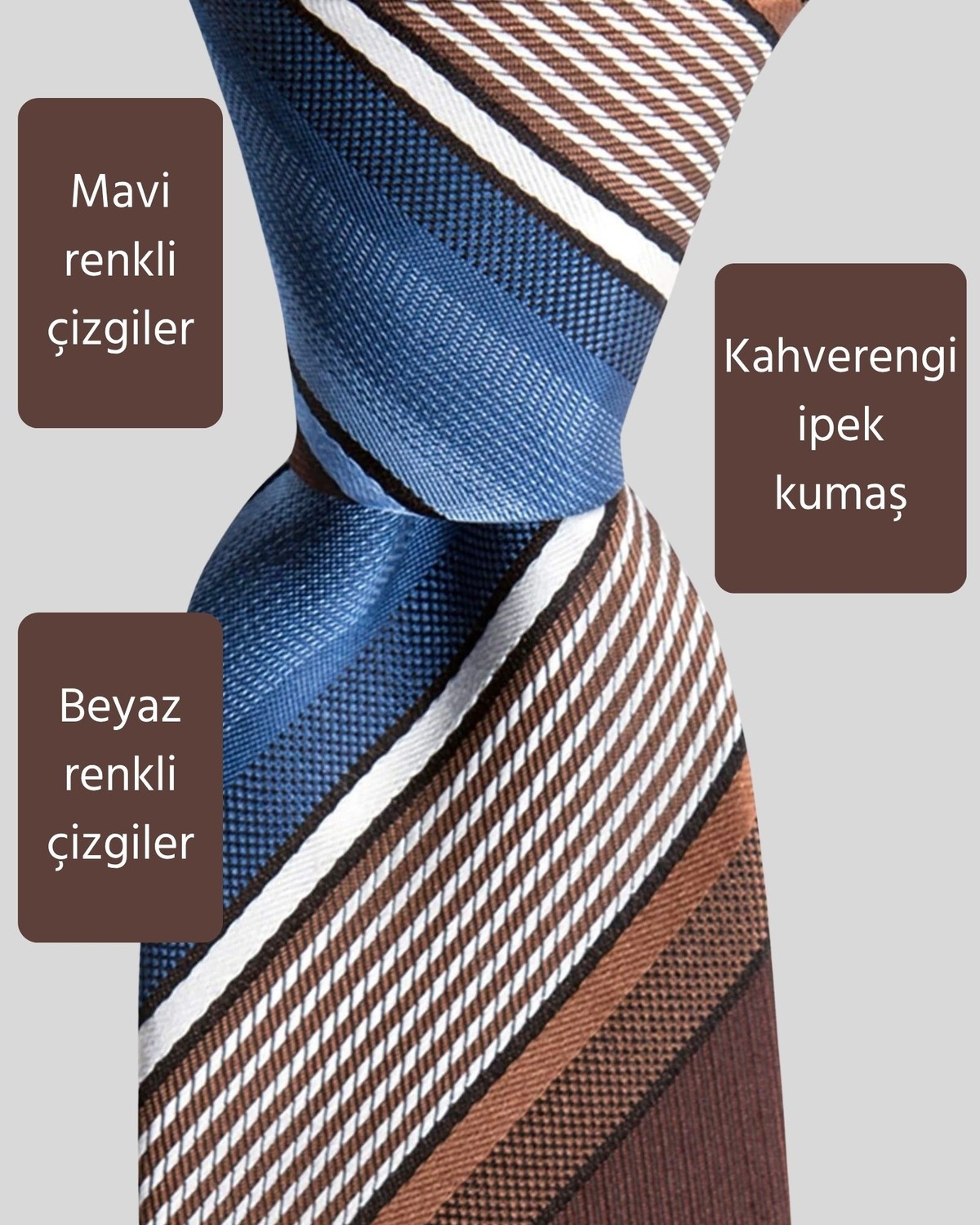 KUMOVO Mavi Çizgili Kahverengi Ipek Kravat, 7,5 cm Genişliğinde görsel 2