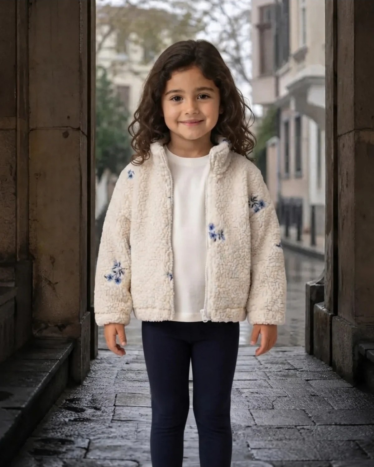 Ekru Renkli Kız Bebek Çiçek Işlemeli Kışlık Yumuşak Hırka