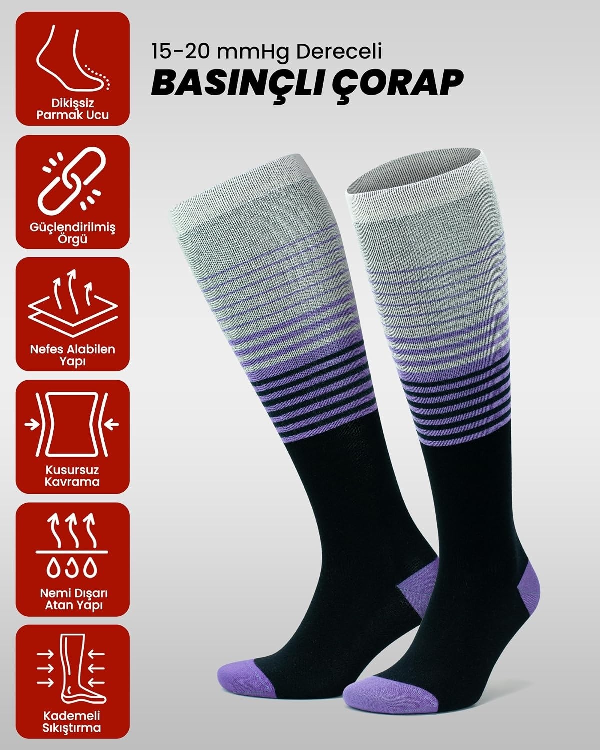 Erkek ve Kadın Için Renkli Bambu (15-20 mm Hg) Basınçlı Uçuş Seyahat Çorabı 3590 görsel 3