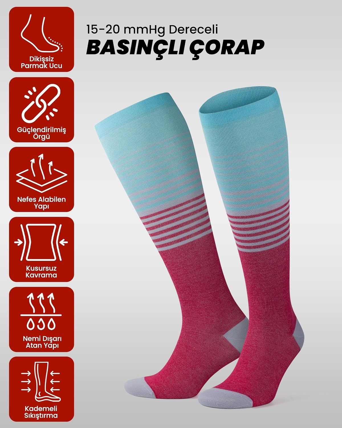 Erkek ve Kadın Için Renkli Bambu (15-20 mm Hg) Basınçlı Uçuş Seyahat Çorabı 3590 görsel 3