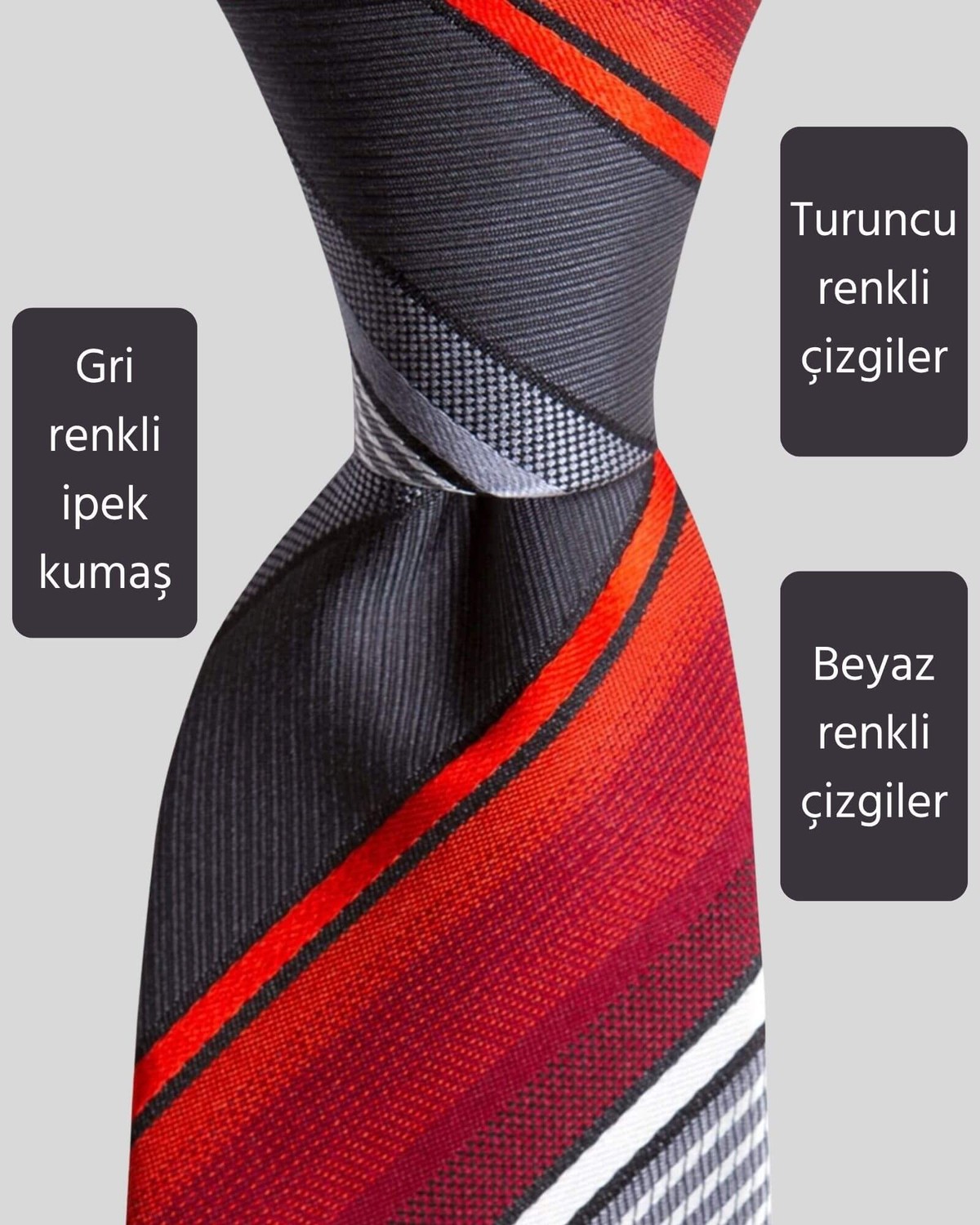 KUMOVO Turuncu Beyaz Çizgili Gri Ipek Kravat, 7,5 cm Genişliğinde görsel 2