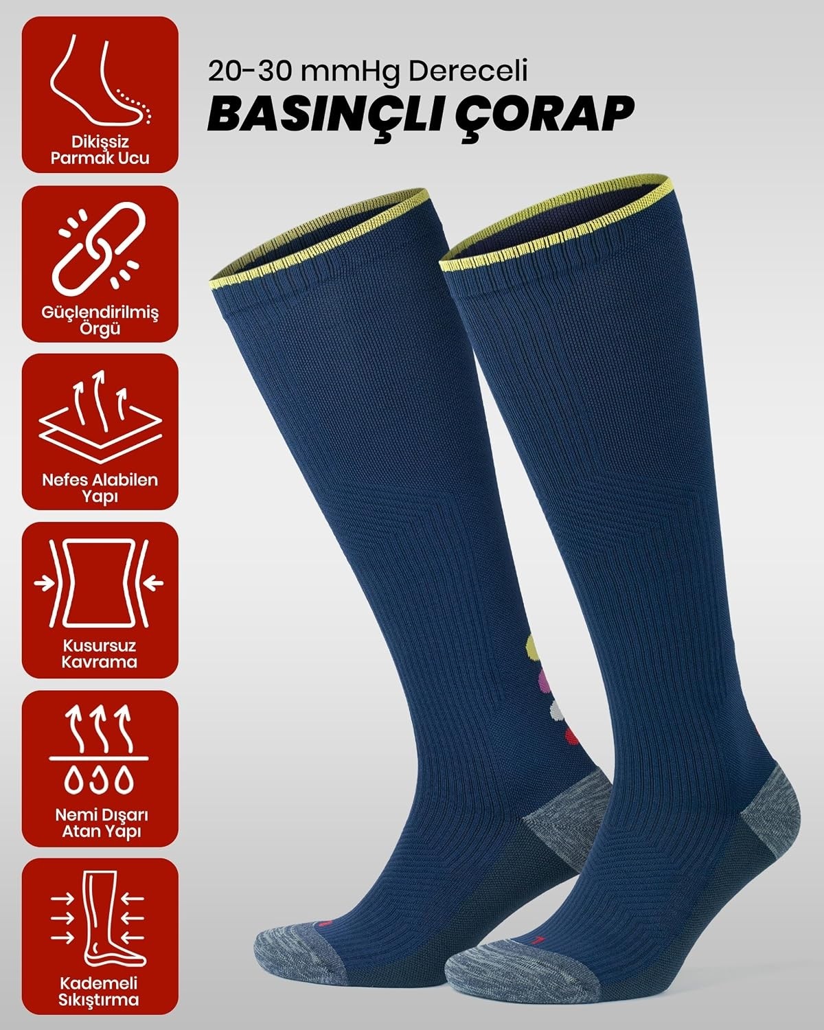 Erkek ve Kadın Için Renkli Havlulu Dikişsiz (20-30 mm Hg) Basınçlı Uçuş Seyahat Çorabı 35 görsel 3