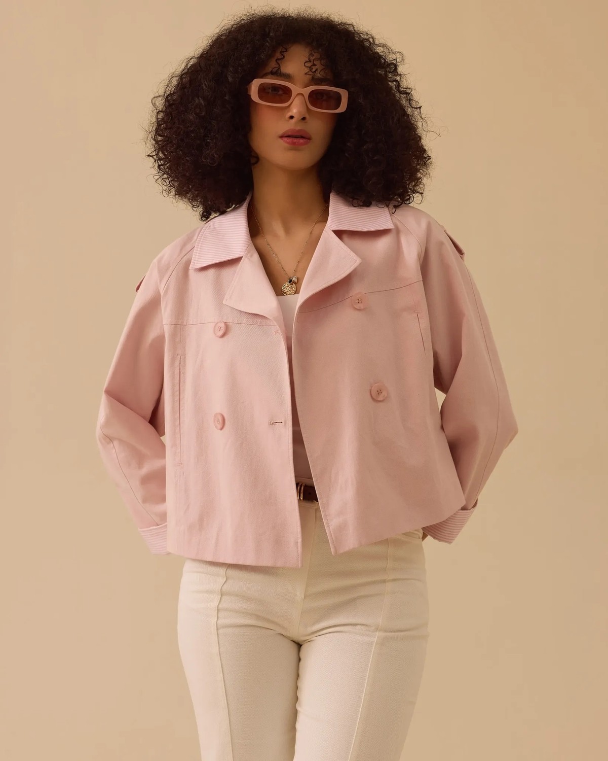 Belirtilmemiş 10004 Oversize Çift Düğmeli Kısa Trençkot #26# görsel 2