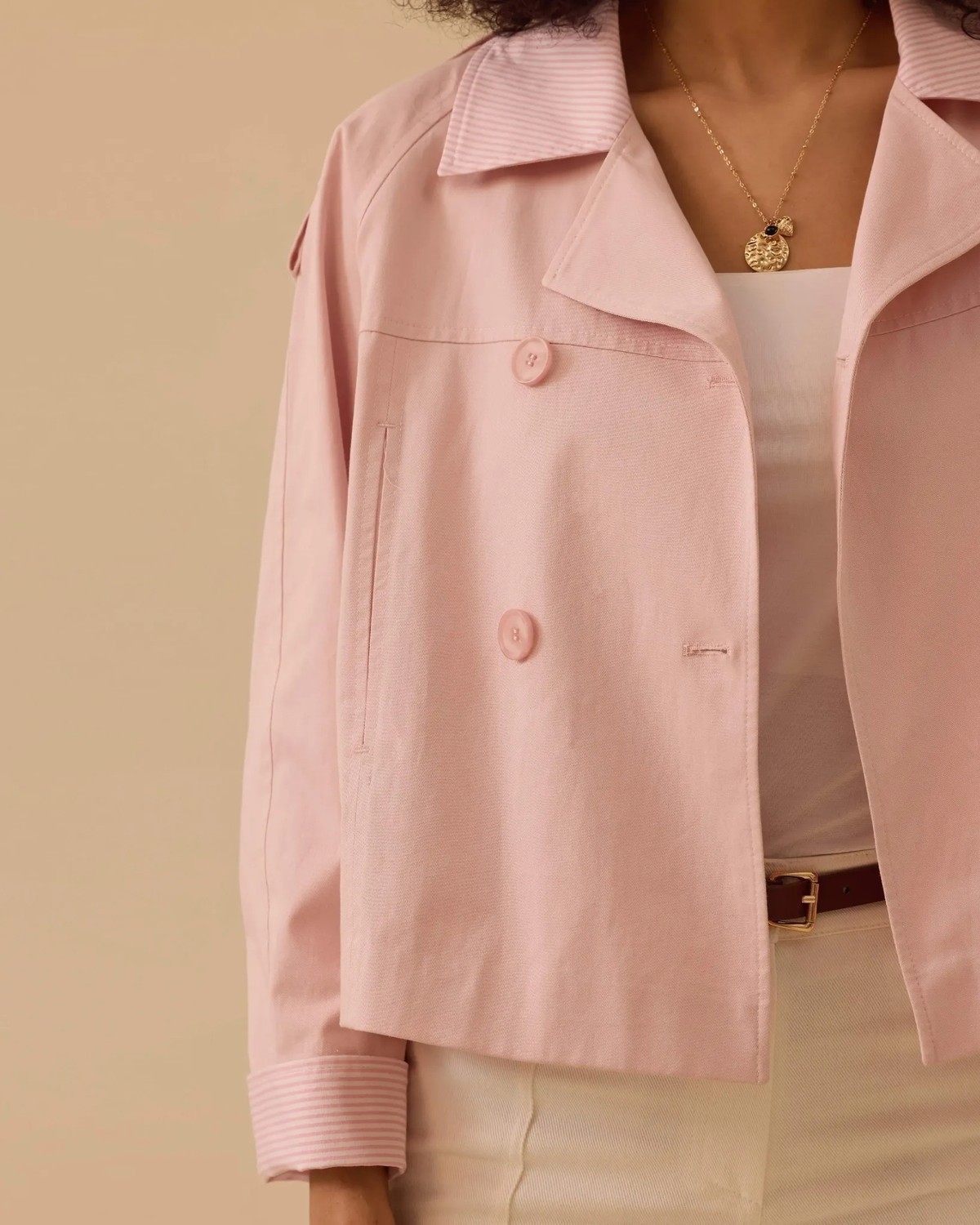 Belirtilmemiş 10004 Oversize Çift Düğmeli Kısa Trençkot #26# görsel 3