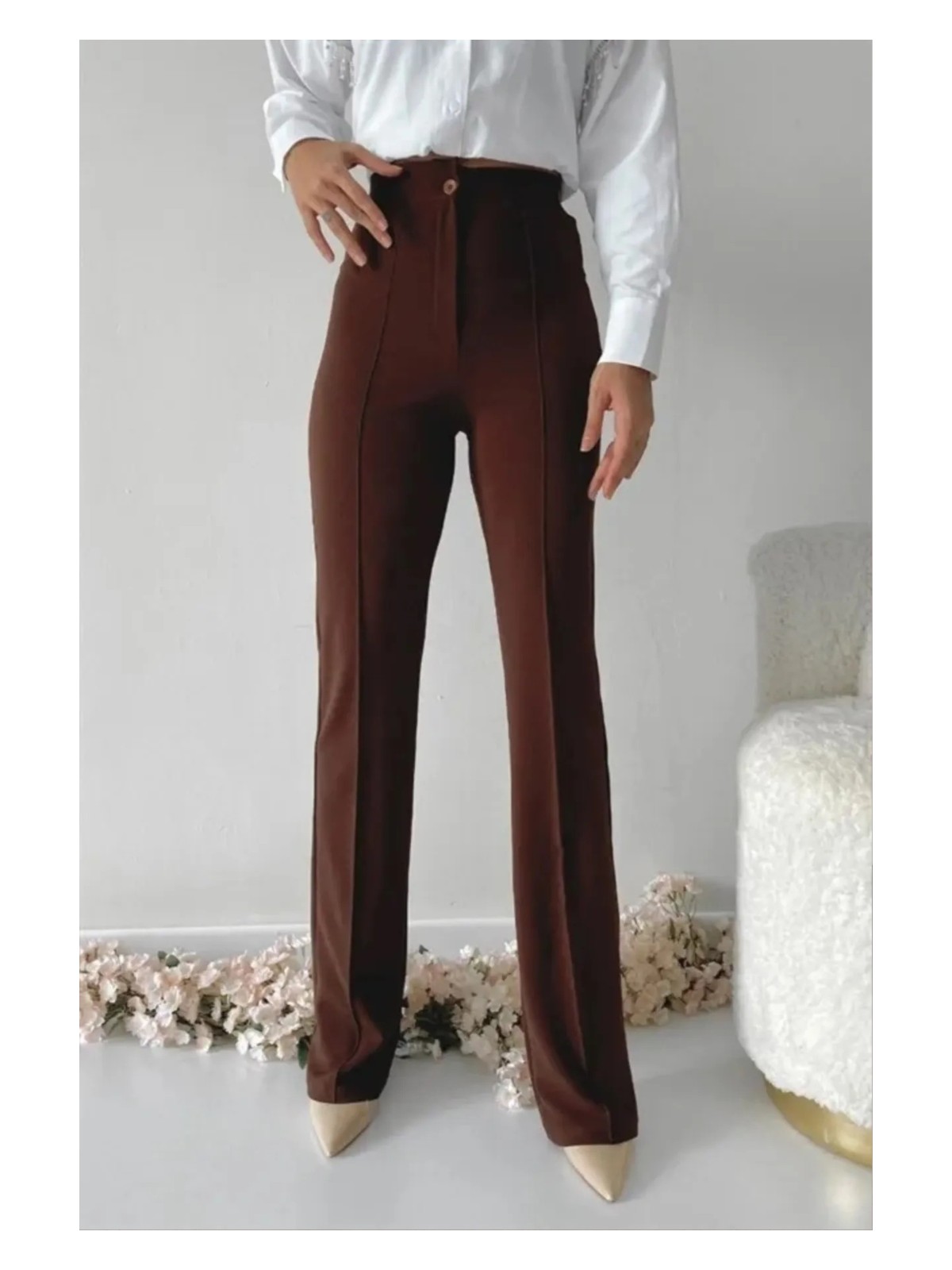 Swana Kadın Krep Kumaş Likralı Önü Çimalı Ispanyol Paça Palazzo Pantalon - Görsel 6