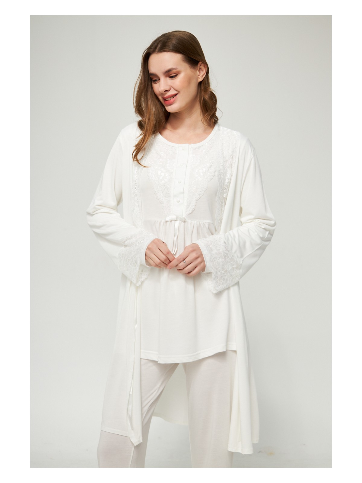 Lorian's Ekru Kadın Hamile ve Lohusa Pijama Takımı 3'lü Set