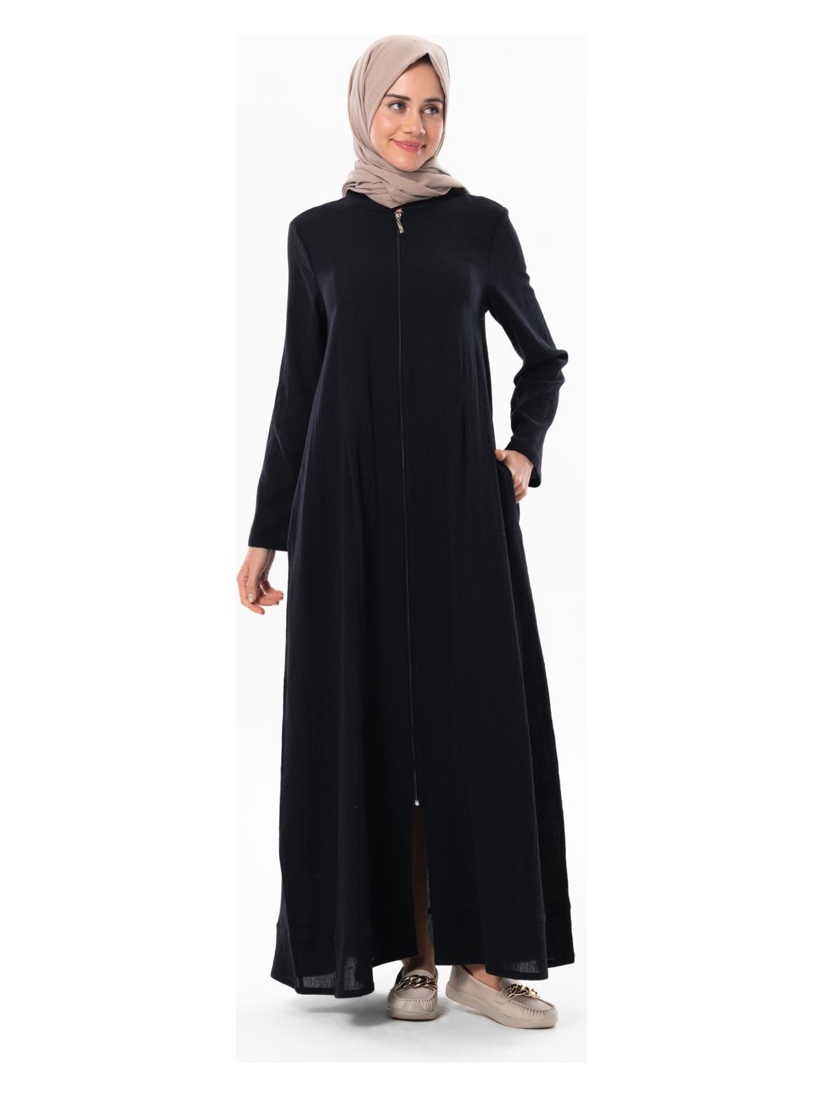 Eliş Şile Bezi Hicran Şile Bezi Fermuarlı Mevsimlik ve Yazlık Ferace Siyah Syh