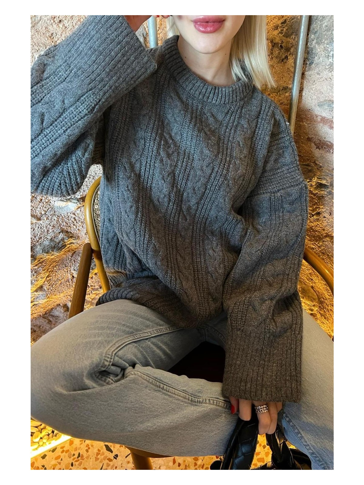 Madmext Antrasit Renkli Bisiklet Yaka Kadın Triko Kazak MG2009 Günlük Tarz Oversize Kesim - Görsel 5