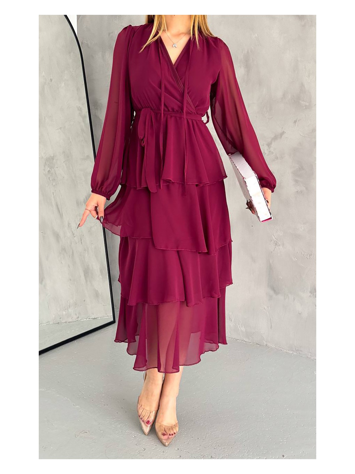 Neşeli Butik Kadın Astarlı Eteği Kat Kat Şifon Elbise NBKKLF2041 - Görsel 4