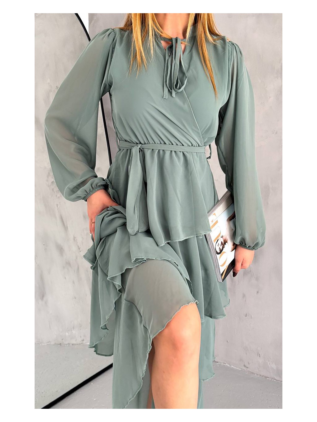 Neşeli Butik Kadın Astarlı Eteği Kat Kat Şifon Elbise NBKKLF2041 - Görsel 5