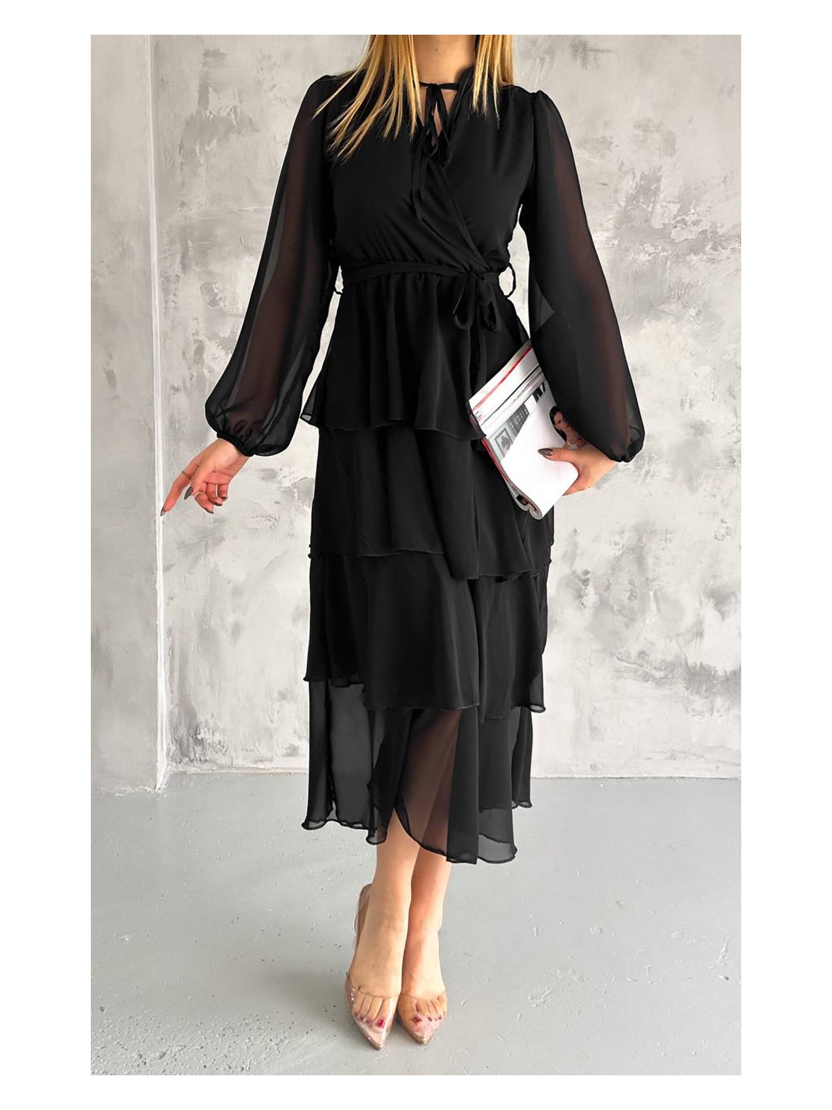 Neşeli Butik Kadın Astarlı Eteği Kat Kat Şifon Elbise NBKKLF2041