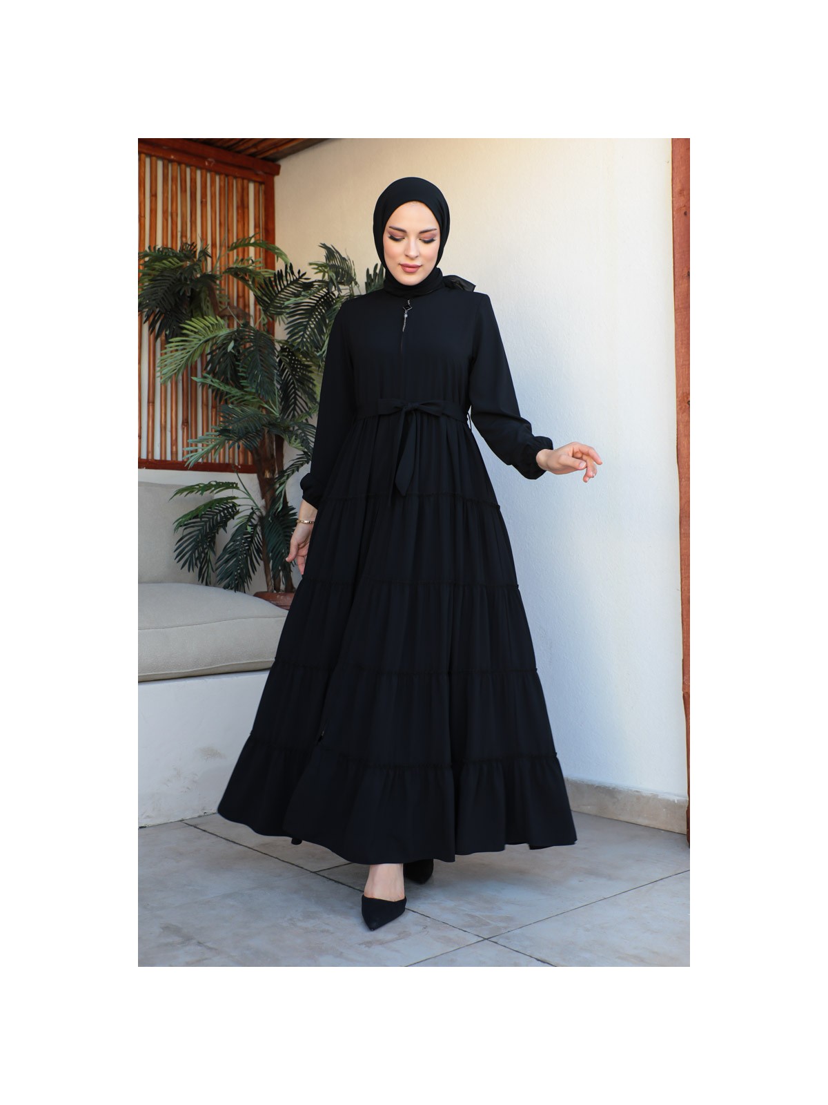 Kadeem Giyim 5 Katlı Eteği Büzgülü Medine Ipeğ Iyazlık Ferace-Siyah