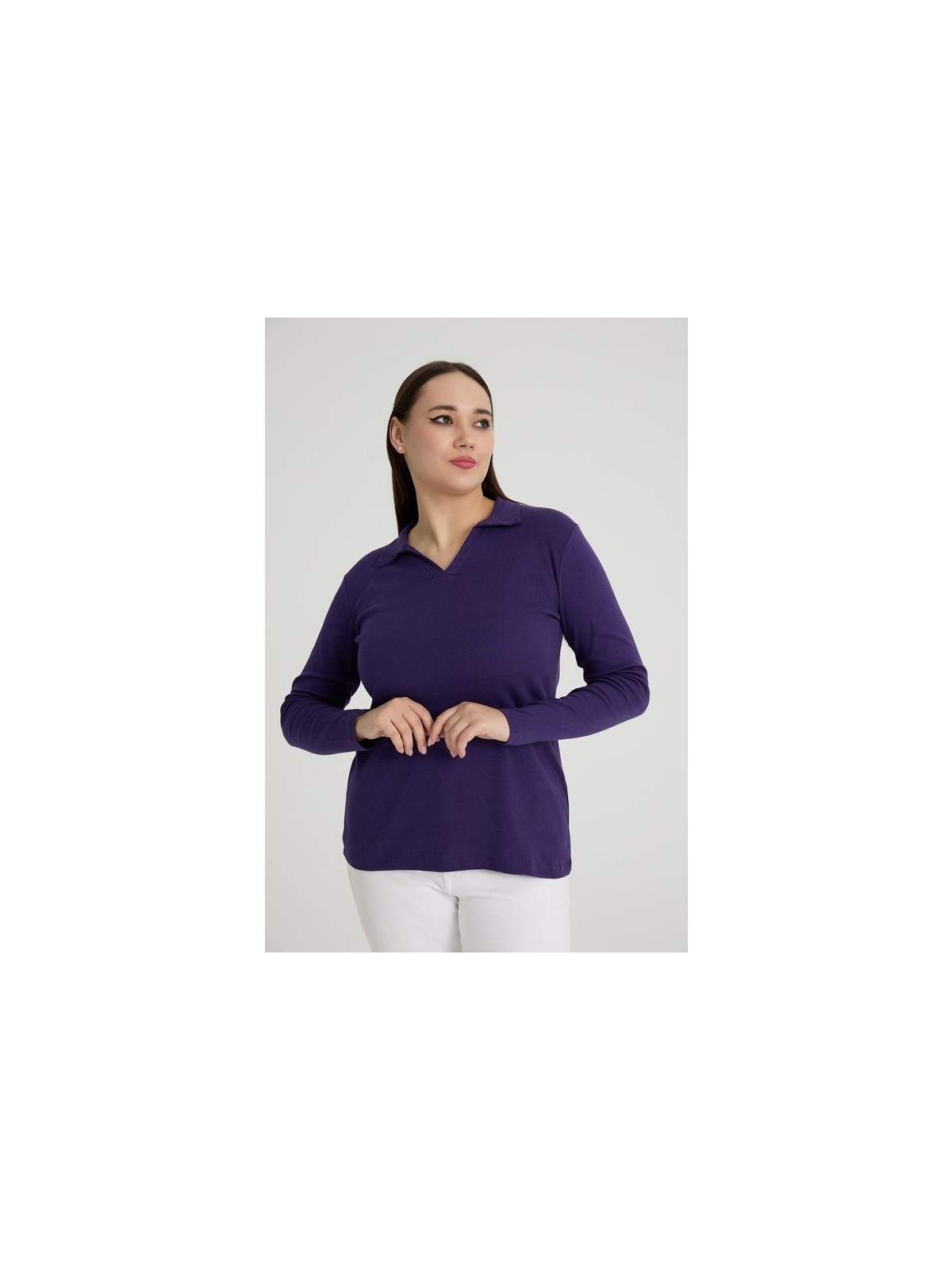 Banega Curve Büyük Beden Pamuklu Likralı V Yaka Basic Düz Beyaz Bluz - Görsel 6