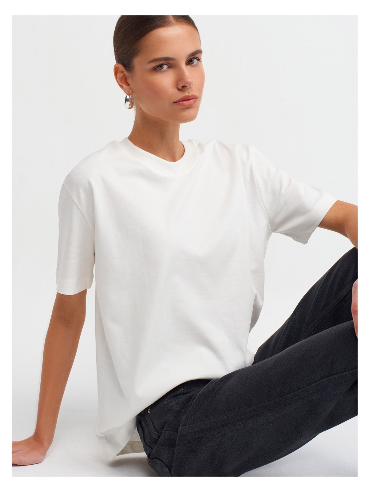 Dilvin 30312 Dekoratif Dikişli Bisiklet Yaka Tshirt-Taş - Görsel 4