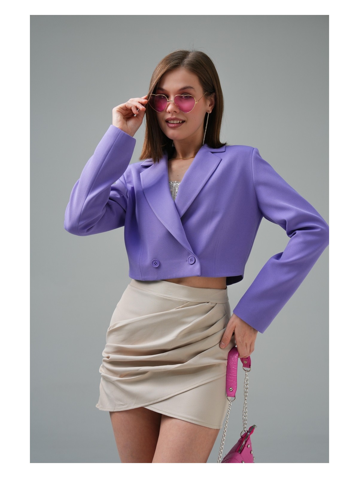 Saade Kadın Lila Kruvaze Crop Blazer Ceket %86 Polyester %14 Elastan Günlük Kullanım İçin Rahat