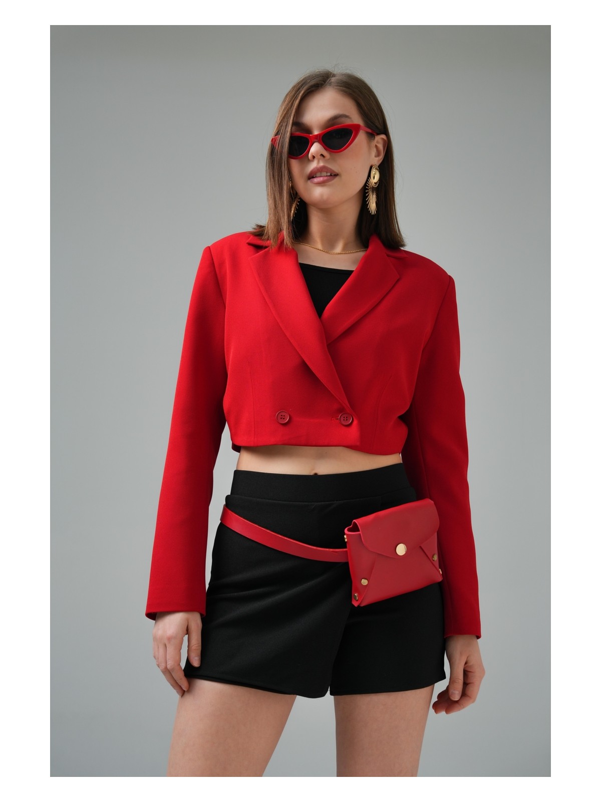 Saade Kadın Kırmızı Kruvaze Crop Blazer Ceket Hafif Yumuşak Rahat Regular Fit