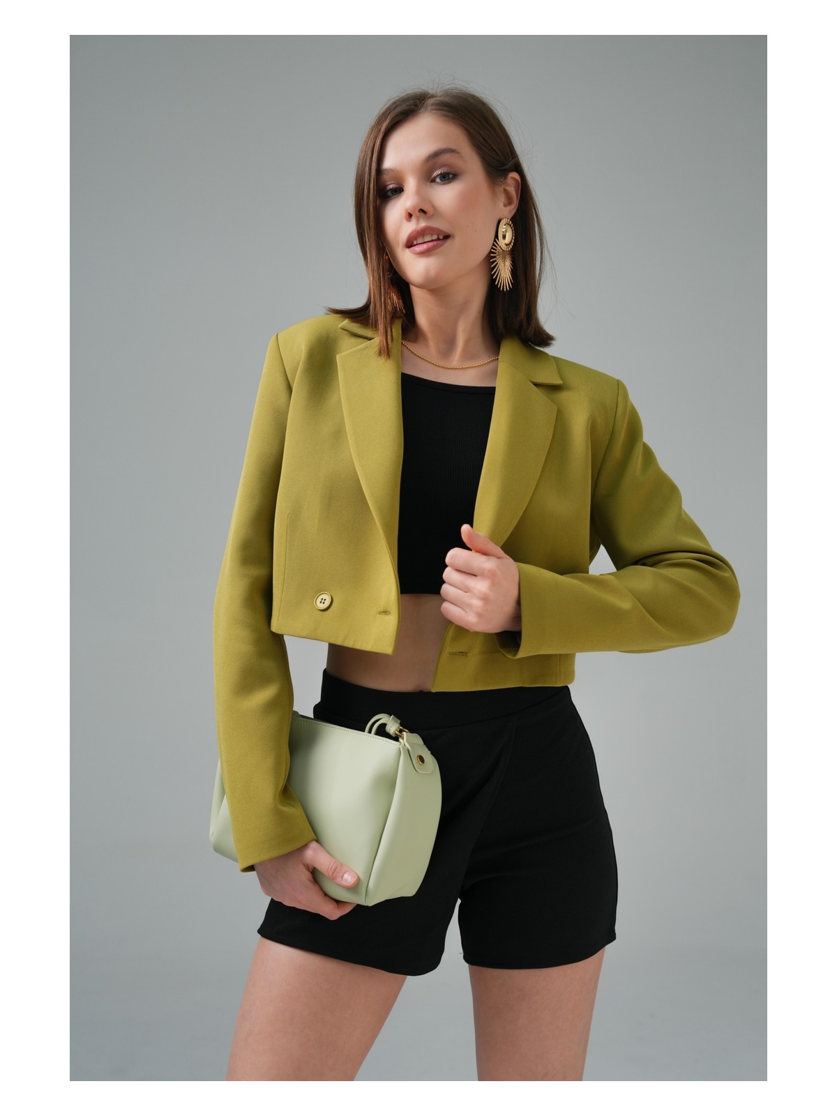 Saade Kadın Kruvaze Crop Blazer Ceket Yağ Yeşili Regular Fit Hafif ve Yumuşak Malzeme