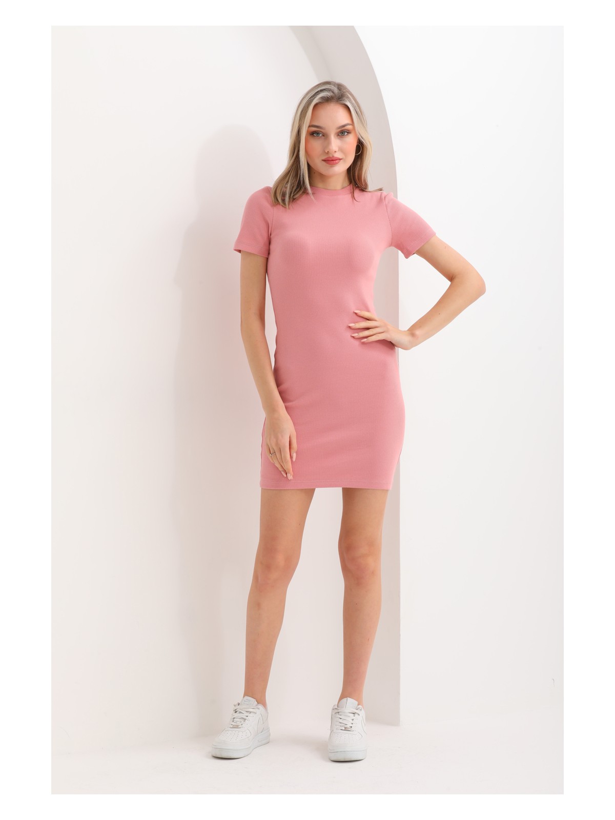 Kallima Pembe Vücuda Oturan Kısa Kollu Bisiklet Yaka Diz Üstü Mini Fitilli Esnek Kaşkorse Kalem Elbise